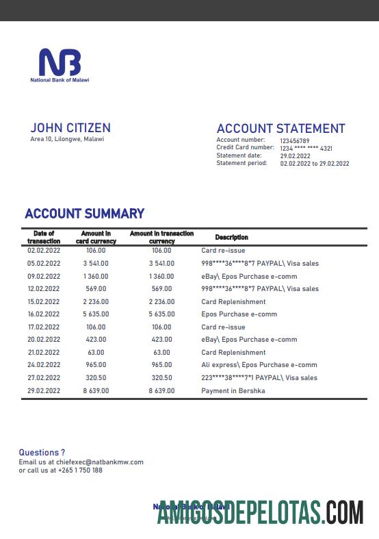 Modelo realista de extrato bancário do Banco Nacional do Malawi em formato Word e PDF